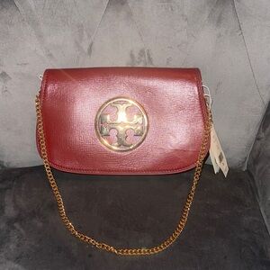 Tory Burch Burgundy Reva Clutch With Gold Chain